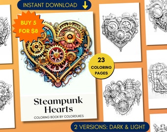 Steampunk Hearts Coloring Pages, Valentines Day Adult Coloring Book, Love Coloring Sheets, Digital Printable PDF
