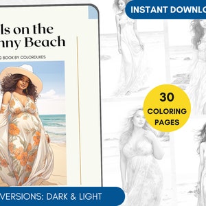 30 Coloring Pages, Girls on the Beach Grayscale Adult Coloring Book, Summer Fashion Coloring Page, Portrait Coloring Seaside, Printable PDF