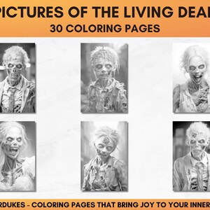 30 Zombie Coloring Pages for Adults, Halloween Coloring Book in