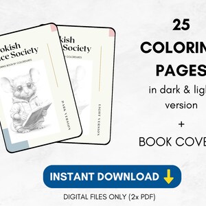 May include: A digital download of a colouring book featuring 25 pages in dark and light versions, plus two book covers. The book features a cute mouse wearing glasses and a hoodie, holding a book. The title of the book is "Bookish Mice Society".