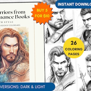 26 Coloring Pages, Warriors from Romances Grayscale Adult Coloring Book, Gift for Smut Book Lovers, Advanced Coloring Pages, People Coloring