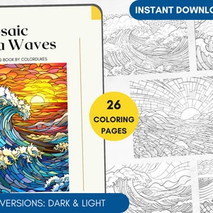 26 Stained Glass Coloring Pages Mosaic Sea Waves Grayscale Adult Coloring Book, Seaside Coloring Sheets, Digital Coloring Printable PDF