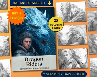 Dragon Riders Coloring Pages in Grayscale, Warrior Coloring Book for Adults, Fantasy Book Coloring, Printable PDF