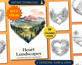 Heart Landscapes Coloring Pages, Valentines Day Grayscale Adult Coloring Book, Love Nature Coloring Sheets, Digital Printable PDF