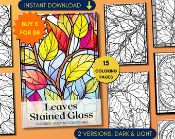 Könnte beinhalten: Ein Malbuch mit 15 Seiten mit Bleiglas-Blattmotiven. Der Umschlag zeigt ein buntes Bleiglas-Design mit Blättern in Rot-, Orange-, Gelb- und Grüntönen. Der Titel des Buches lautet "Leaves Stained Glass" und der Untertitel lautet "Coloring Book by ColorDukes". Das Buch ist in zwei Versionen erhältlich: dunkel und hell.