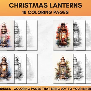 Set of 18 Christmas coloring pages showing charming lanterns in winter scenery