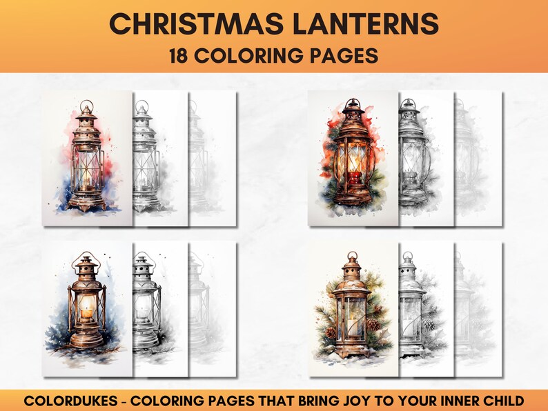 Set of 18 Christmas coloring pages showing charming lanterns in winter scenery