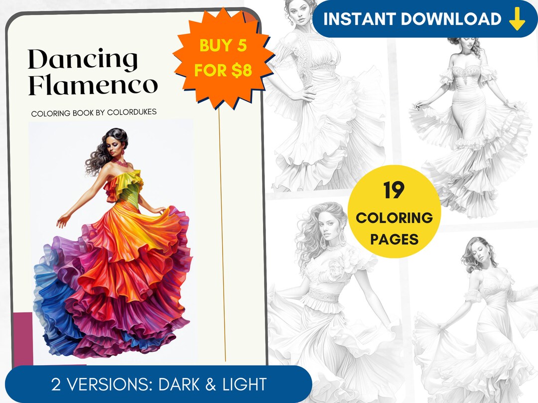19 Coloring Pages Flamenco Dancers Grayscale Adult Coloring Book