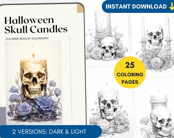 May include: A coloring book featuring 25 pages of illustrations of skull candles. The cover shows a skull candle with a flame, surrounded by flowers. The title of the book is "Halloween Skull Candles" and the text "Coloring Book by ColorDukes" is below the title. The text "2 Versions: Dark & Light" is at the bottom of the cover.