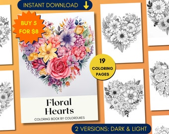 Floral Hearts Coloring Pages, Valentines Day Grayscale Adult Coloring Book, Love Flowers Coloring Sheets, Digital Printable PDF