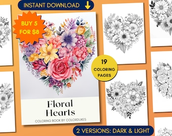 Florale Herzen Malseiten, Valentinstag Graustufen Erwachsene Malbuch, Liebe Blumen Malvorlagen, digital druckbare PDF