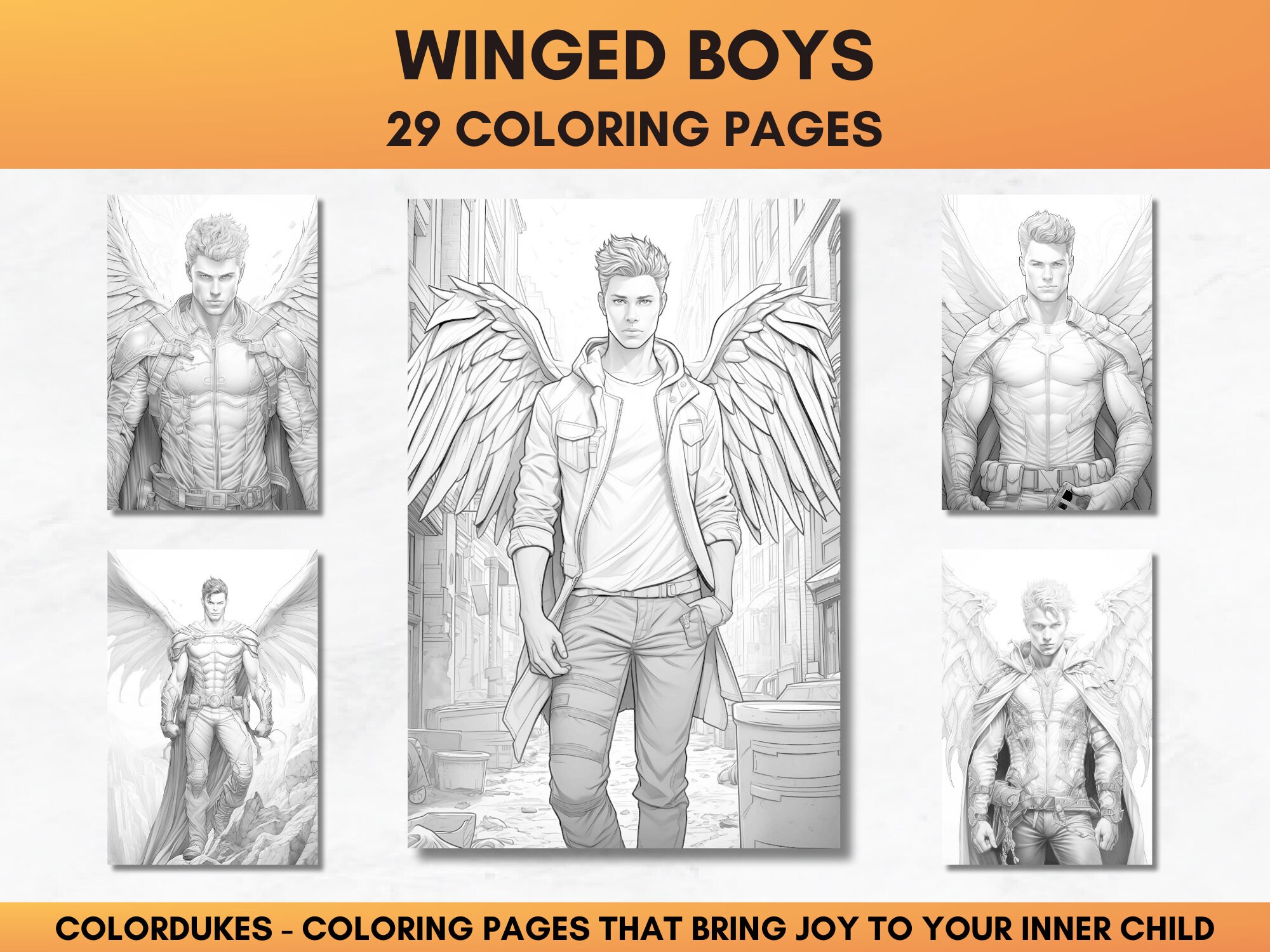 Winged Man Color Angels Coloring Pages for Adults, Winged Warriors Coloring Book in ...