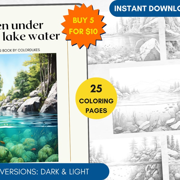 25 Coloring Pages, Under Lake Water Coloring Book Summer Grayscale Coloring Book for Adults, Pigment Coloring Page PDF, Landscape Coloring