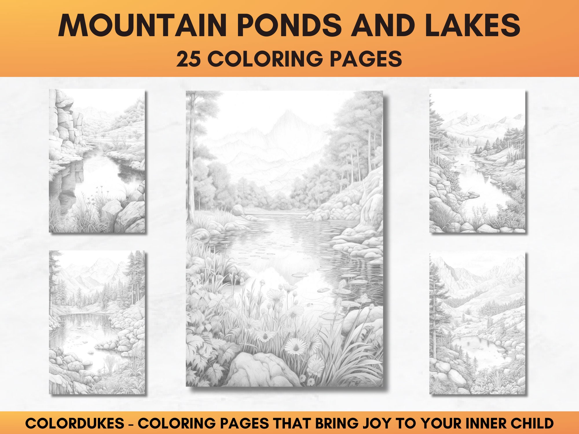 25 Coloring Pages, Mountain Lakes Grayscale Adult Coloring Book ...