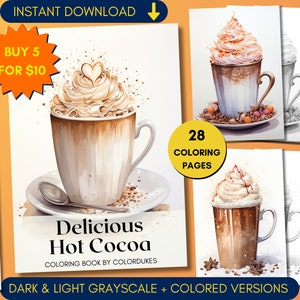 Hot Cocoa Coloring Pages, Watercolor Coloring Book in Grayscale, Winter Coloring Sheets, Samples, Colored Version