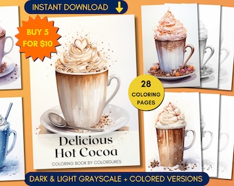 Hot Cocoa Coloring Pages, Watercolor Coloring Book in Grayscale, Winter Coloring Sheets, Samples, Colored Version
