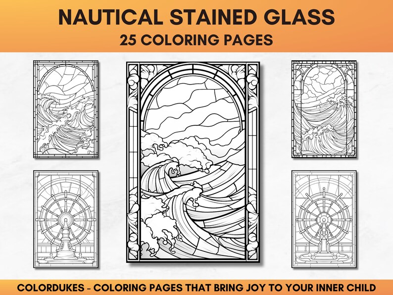 Set of 25 adult coloring pages of nautical stained glasses featuring ships, lighthouses, tropical islands, anchors, and sea animals.