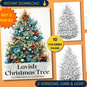 Christmas Tree Coloring Pages for Adults, Winter Coloring Book in Grayscale, Wilderness Coloring Sheets, Printable PDF