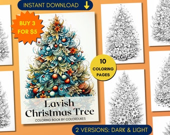 Christmas Tree Coloring Pages for Adults, Winter Coloring Book in Grayscale, Wilderness Coloring Sheets, Printable PDF