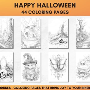 Set of 44 grayscale coloring pages for adults featuring Halloween themed images of skeletons, ghosts, zombies, witches, haunted houses, skulls, graveyards, monsters and much more