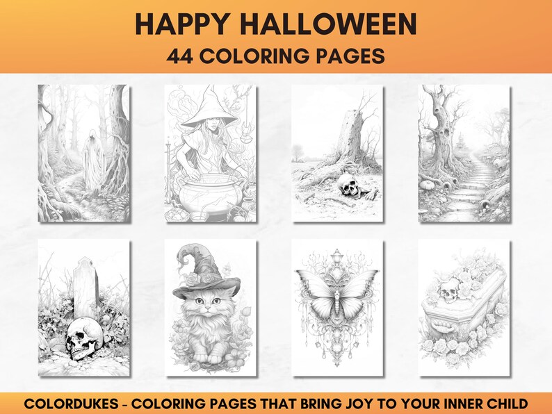 Set of 44 grayscale coloring pages for adults featuring Halloween themed images of skeletons, ghosts, zombies, witches, haunted houses, skulls, graveyards, monsters and much more