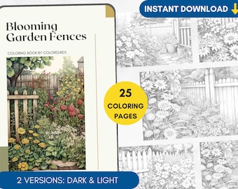 25 Coloring Pages, Country Fences Coloring Book for Adults Grayscale, Flowers Coloring Page, Advanced Coloring Book Pigment, PDF Coloring
