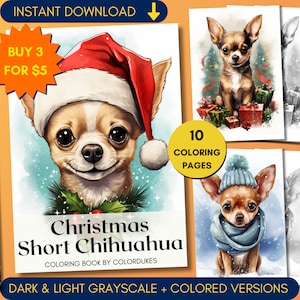 Christmas Short Hair Chihuahua Coloring Pages in Grayscale, Winter Dog Coloring Book for Adults, Sample Coloring Sheets