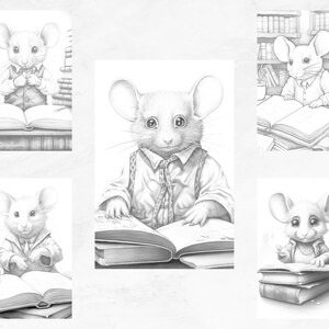 May include: Five black and white illustrations of mice reading books. Each mouse is wearing a collared shirt and tie. The mice are sitting at desks or tables with books in front of them.