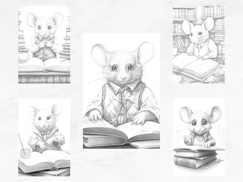 May include: Five black and white illustrations of mice reading books. Each mouse is wearing a collared shirt and tie. The mice are sitting at desks or tables with books in front of them.