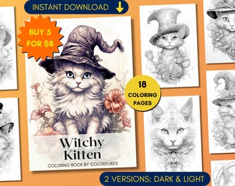 18 Witchy Katzen Malvorlagen in Graustufen, Halloween Malbuch für Erwachsene, realistische Malvorlagen, digitale PDF