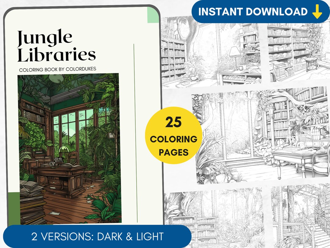 25 Coloring Pages, Jungle Libraries Grayscale Adult Coloring Book, Gift ...