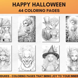 Set of 44 grayscale coloring pages for adults featuring Halloween themed images of skeletons, ghosts, zombies, witches, haunted houses, skulls, graveyards, monsters and much more