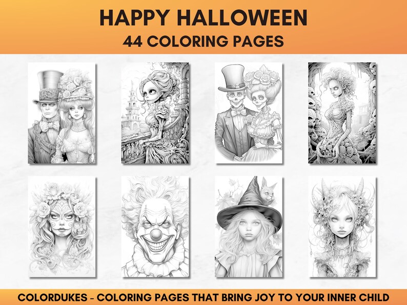 Set of 44 grayscale coloring pages for adults featuring Halloween themed images of skeletons, ghosts, zombies, witches, haunted houses, skulls, graveyards, monsters and much more