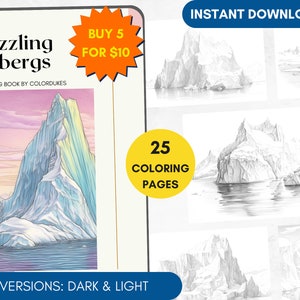 25 Coloring Pages, Icebergs Grayscale Adult Coloring Book, Advanced Coloring, Landscape Coloring Pages for Pigment, Printable PDF