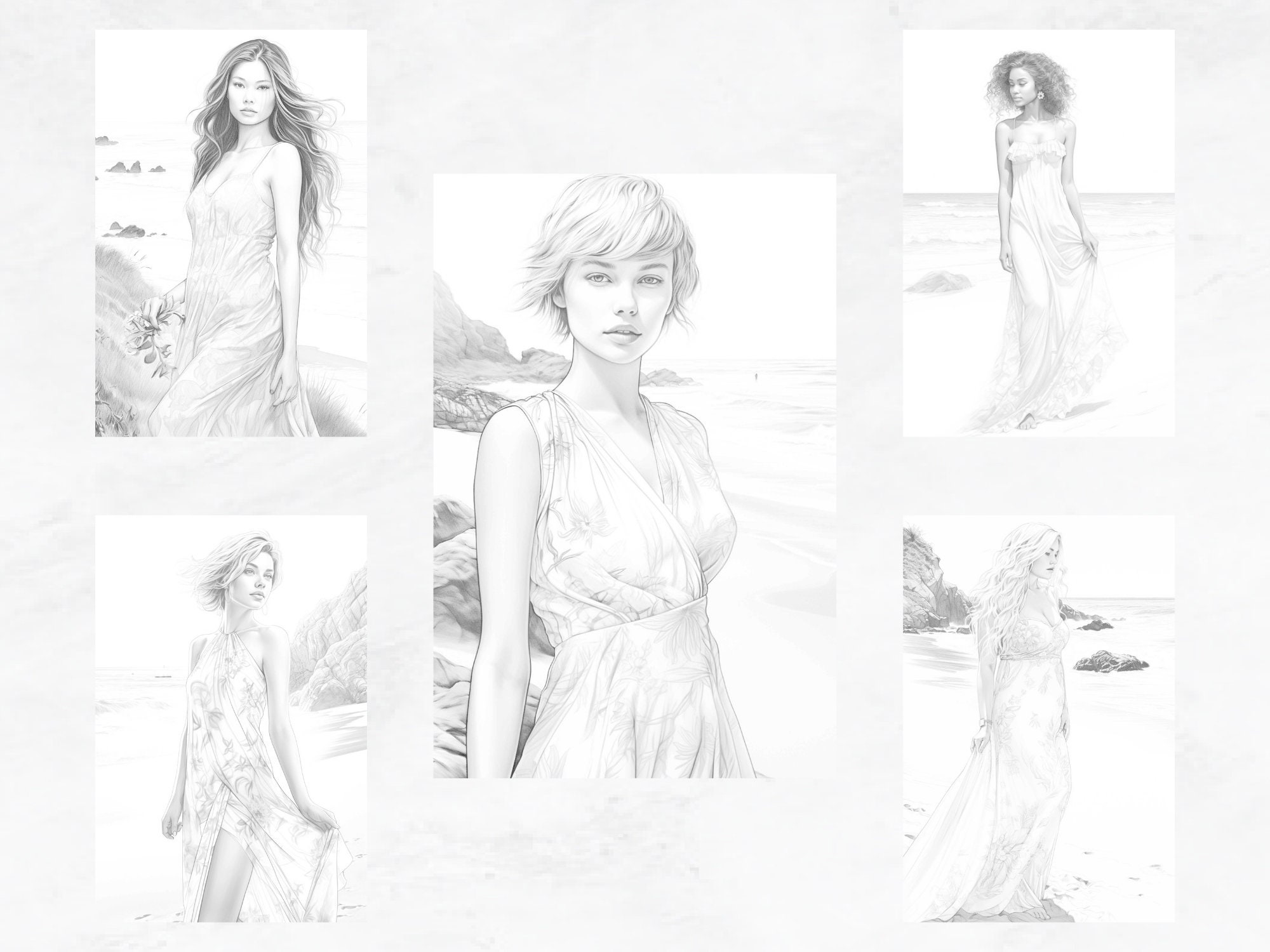 30 Coloring Pages, Girls on the Beach Grayscale Adult Coloring Book ...