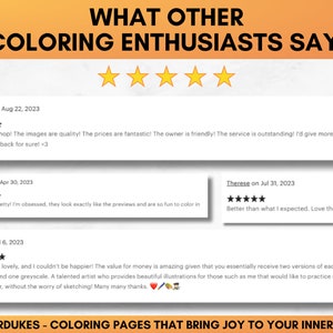 Pu&ograve; includere: Cinque stelle per le pagine da colorare. Le recensioni evidenziano la qualit&agrave; delle immagini, il rapporto qualit&agrave;-prezzo e la cortesia del servizio. Il testo include la frase "Pagine da colorare che portano gioia al bambino interiore."