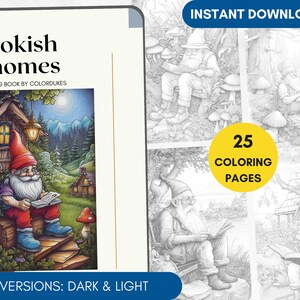 Bookish Gnomes 25 Coloring Pages, Grayscale Adult Coloring Book, Gift for Book Lovers, Anti-Stress Coloring Pages, Fairytales Coloring