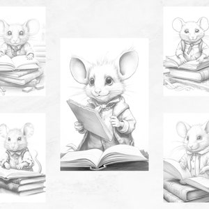 May include: Five black and white illustrations of mice reading books. Each mouse is wearing a bow tie and a jacket. The mice are sitting on stacks of books.