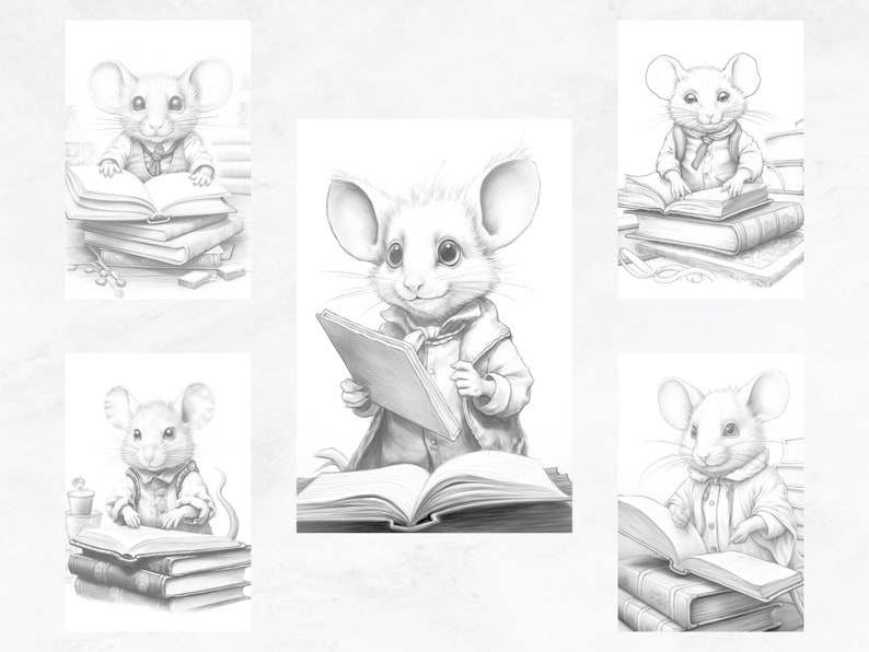 May include: Five black and white illustrations of mice reading books. Each mouse is wearing a bow tie and a jacket. The mice are sitting on stacks of books.