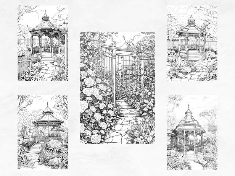 25 Coloring Pages, Secret Gardens, Coloring Book for Adults Grayscale, Floral Coloring Page, Advanced Coloring Book Intricate, PDF Coloring image 5