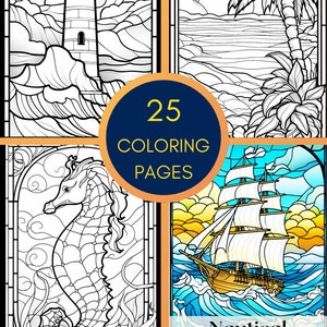 May include: A colouring book with 25 pages of nautical themed stained glass designs. The cover features a lighthouse, a palm tree, a seahorse, and a sailing ship.