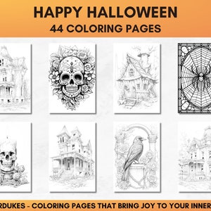 Set of 44 grayscale coloring pages for adults featuring Halloween themed images of skeletons, ghosts, zombies, witches, haunted houses, skulls, graveyards, monsters and much more