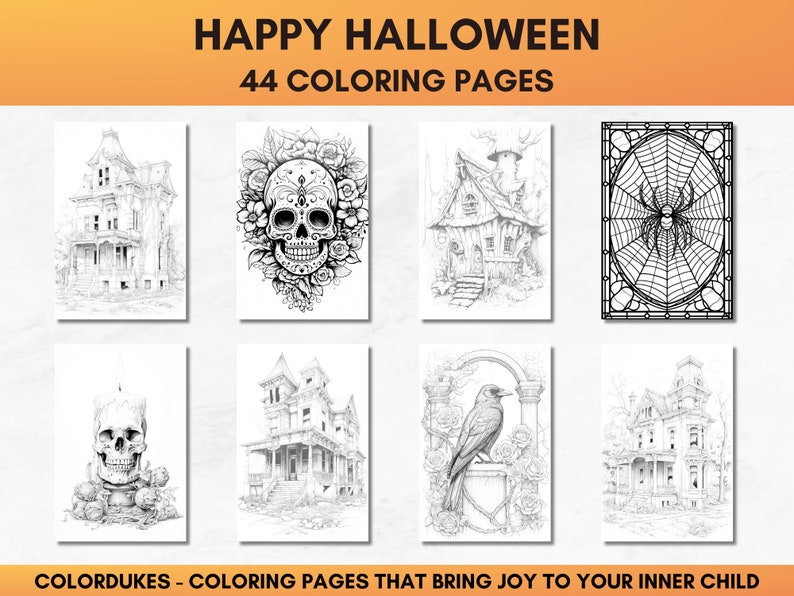 Set of 44 grayscale coloring pages for adults featuring Halloween themed images of skeletons, ghosts, zombies, witches, haunted houses, skulls, graveyards, monsters and much more