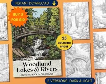 25 Adult Coloring Pages, Woodland Lakes and Rivers Coloring Book, Grayscale Coloring Book, Forest Coloring Page PDF, Pre Shaded Coloring