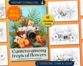 10 Adult Coloring Pages, Camera Coloring Book in Grayscale, Digital Coloring Sheets, Printable PDF