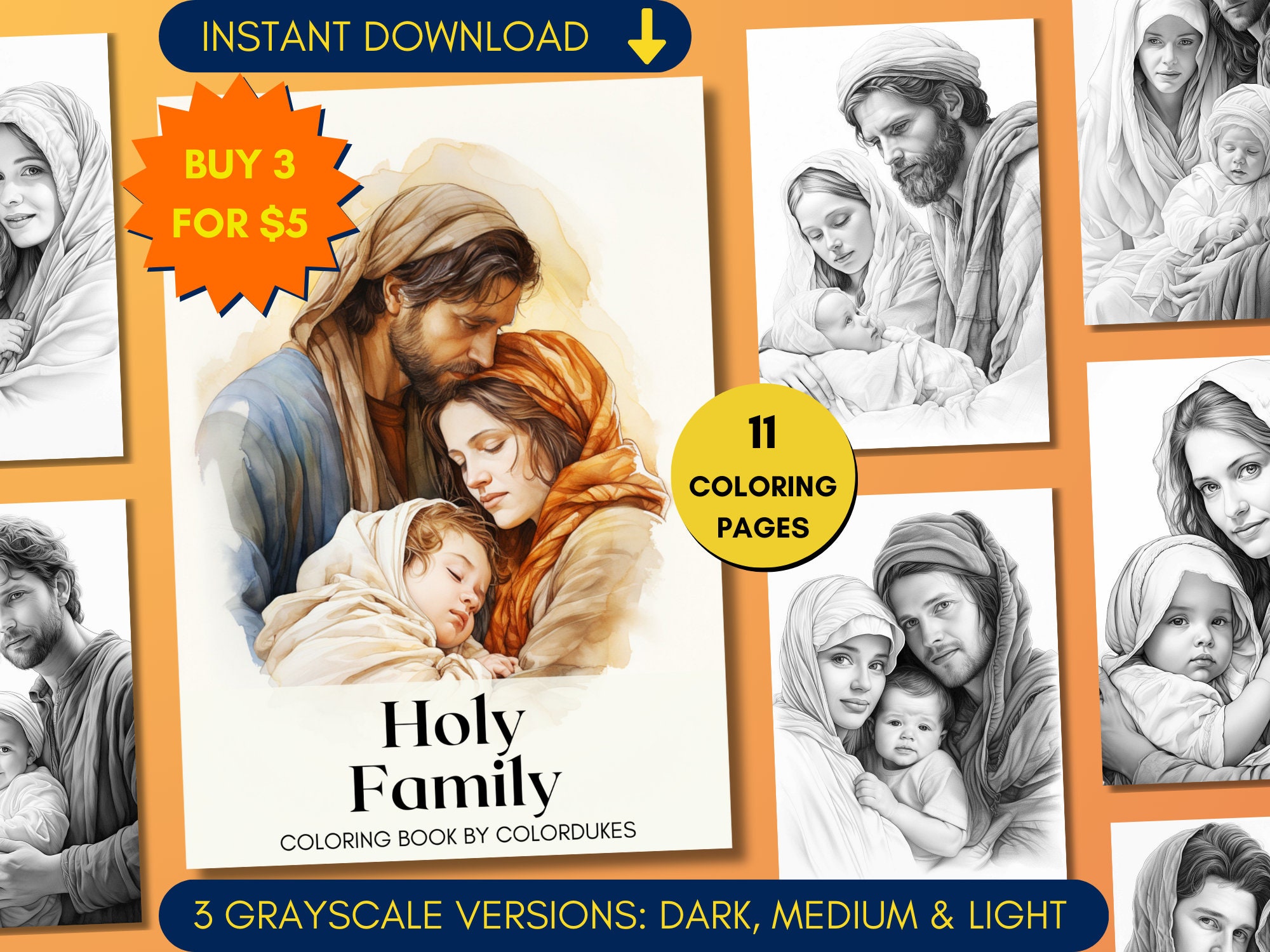 Christmas Nativity Coloring Pages in Grayscale, Holy Family Coloring Book for Adults, Christian Coloring Sheets