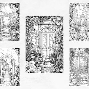 25 Coloring Pages, Secret Gardens, Coloring Book for Adults Grayscale, Floral Coloring Page, Advanced Coloring Book Intricate, PDF Coloring image 8
