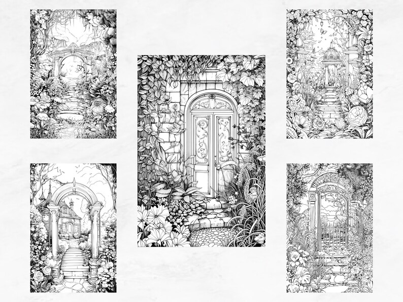 25 Coloring Pages, Secret Gardens, Coloring Book for Adults Grayscale, Floral Coloring Page, Advanced Coloring Book Intricate, PDF Coloring image 8
