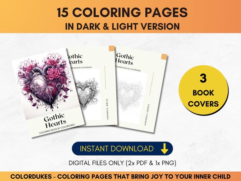 Set of 15 coloring pages for adults featuring pictures of gothic hearts