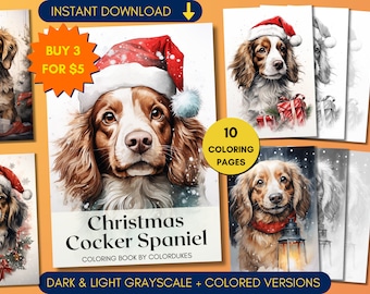 Christmas Spaniel Coloring Pages in Grayscale, Winter Dog Coloring Book for Adults, Sample Coloring Sheets